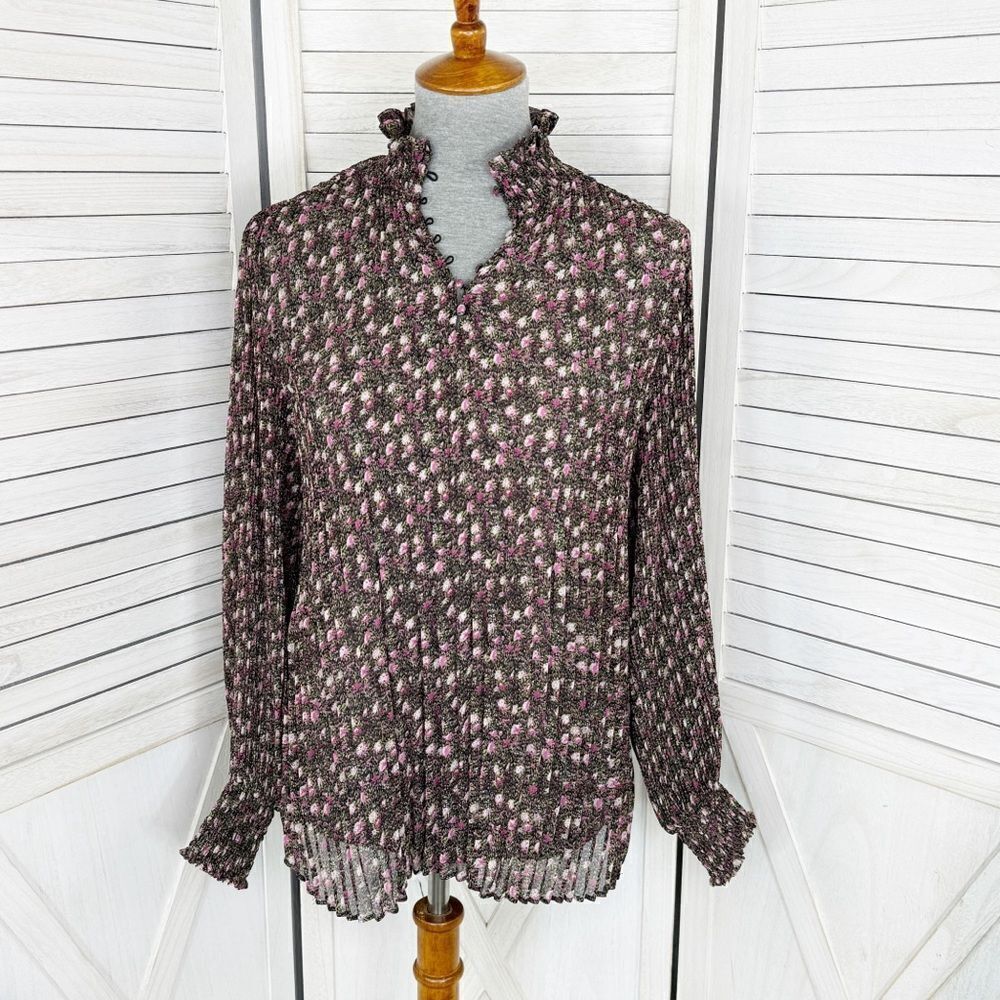 Cabi Ditsy Floral Pleated High‎ Neck Blouse Black Pink XS Gothic Poet Cottage